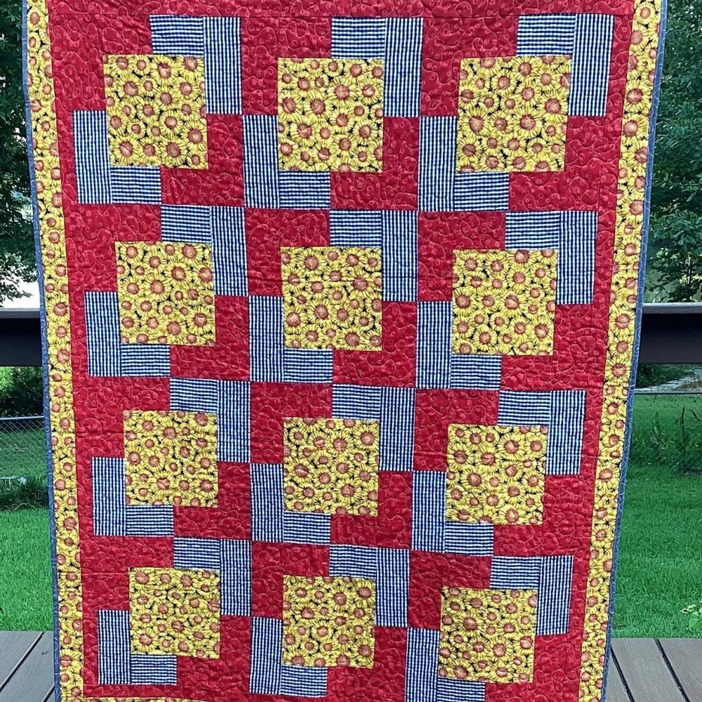 Handmade Sunflower Patchwork Quilt - Yellow Red with black and white checkered